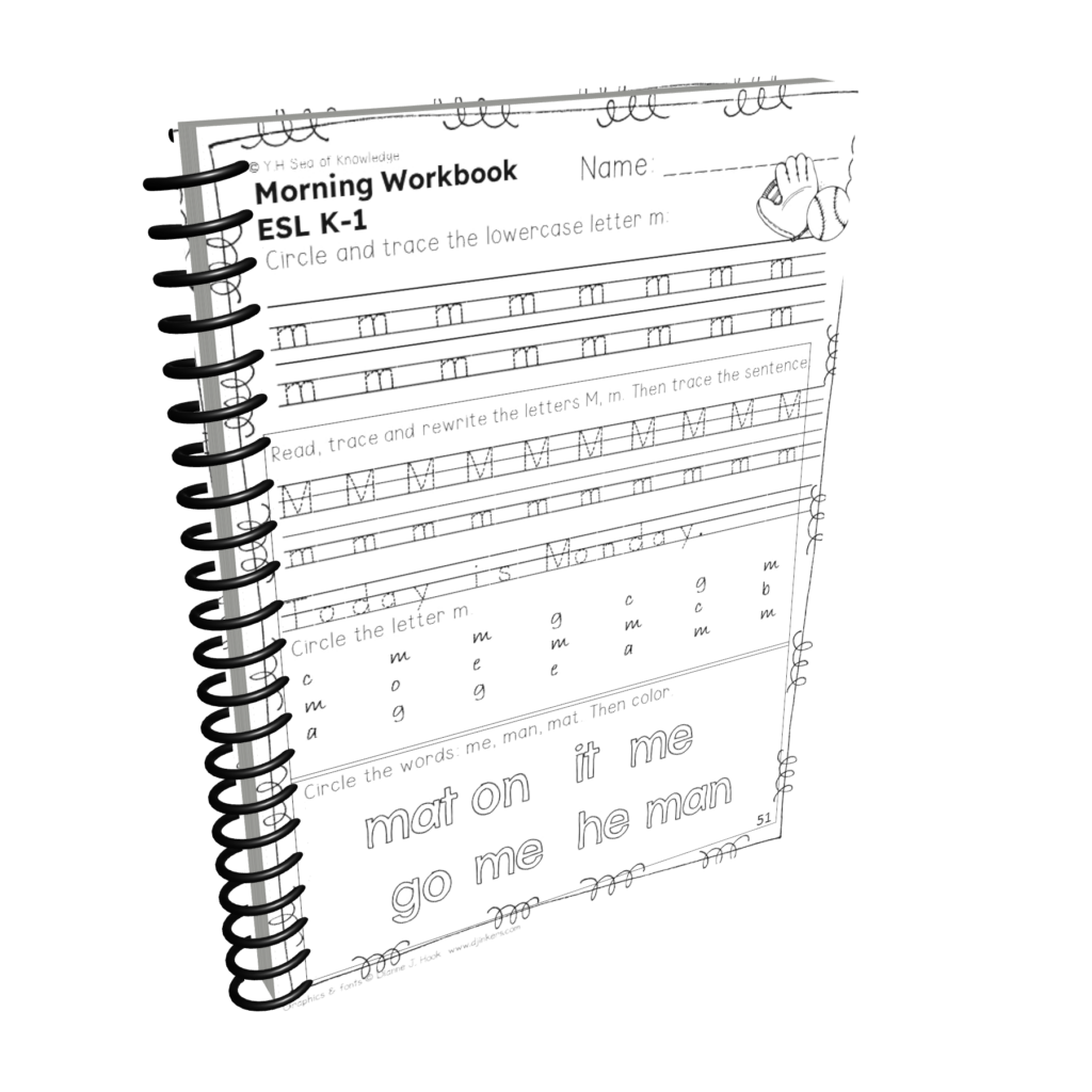 ESL workbook PDF preview showing tracing, vocabulary, and counting exercises for elementary students.
