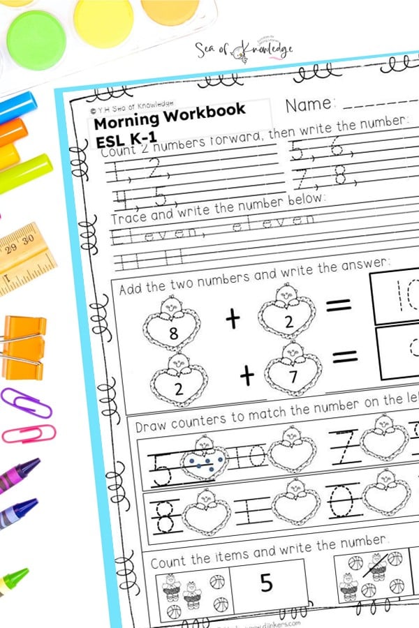 ESL worksheets bundle with sight words, phonics, and number recognition pages.