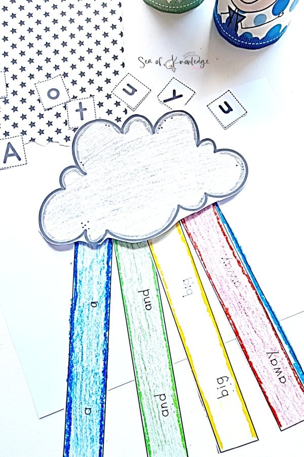 Preschool sight words printable rainbow craft – coloring each sight word to reinforce learning.
