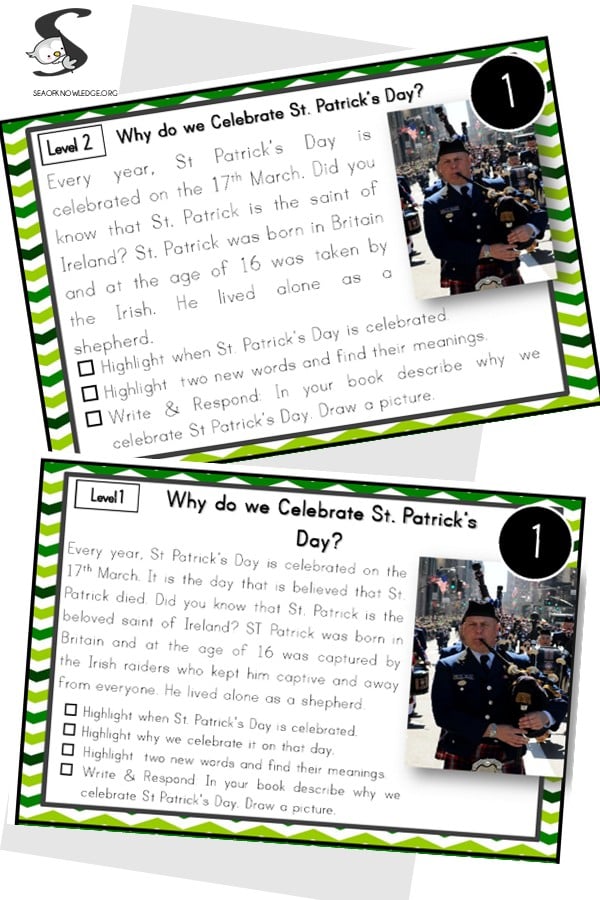 Printable St. Patrick’s Day literacy activities mockup showing differentiated reading comprehension task cards and worksheets designed for holiday-themed classroom centers.