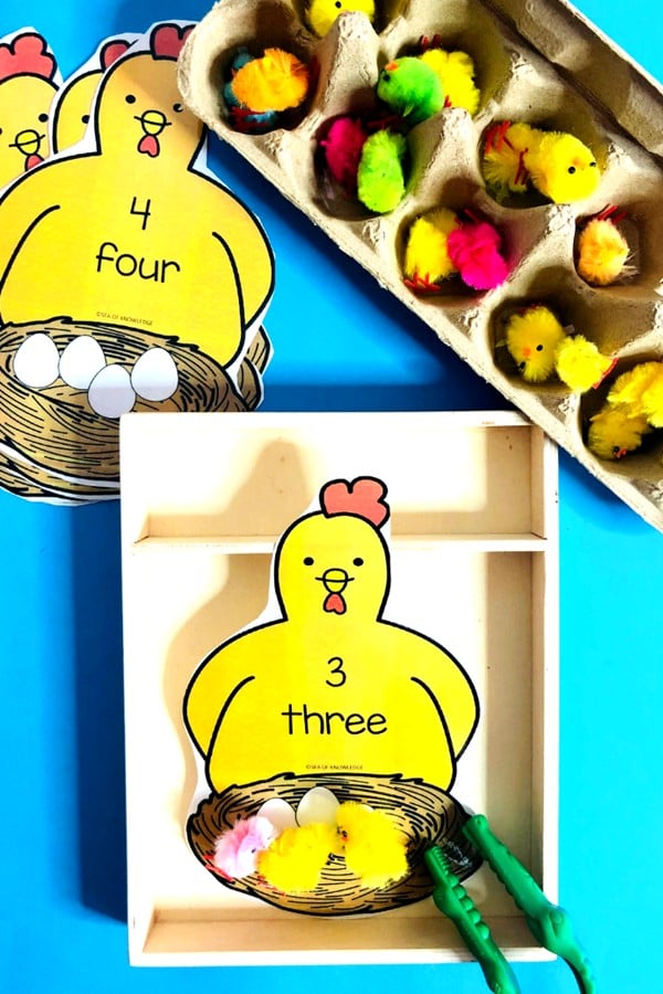 Make counting hands-on and engaging with this Chicken Counting Game! Kids will pick a chicken egg card, count the eggs on it, and then place the matching number of chicks in the egg carton. Or they can match that many onto the card for them to 'hatch'.