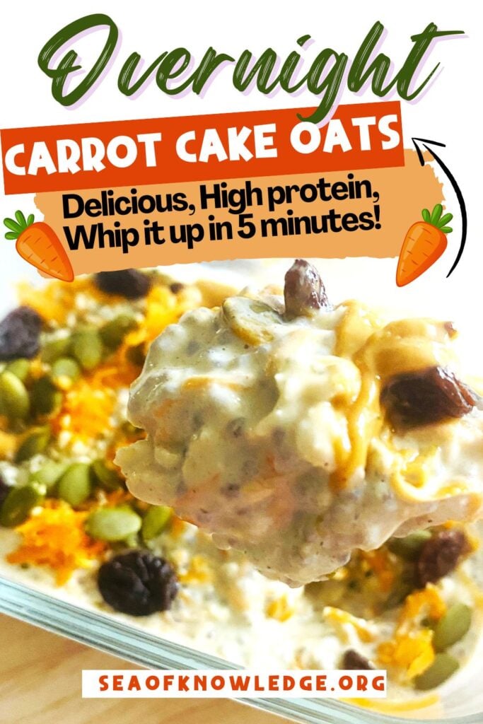 A bowl of protein carrot cake overnight oats topped with cinnamon, chia seeds, and grated carrots