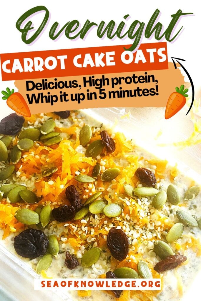 Healthy and delicious protein-packed carrot cake overnight oats served with a spoon and topped with grated carrots and a dash of cinnamon.