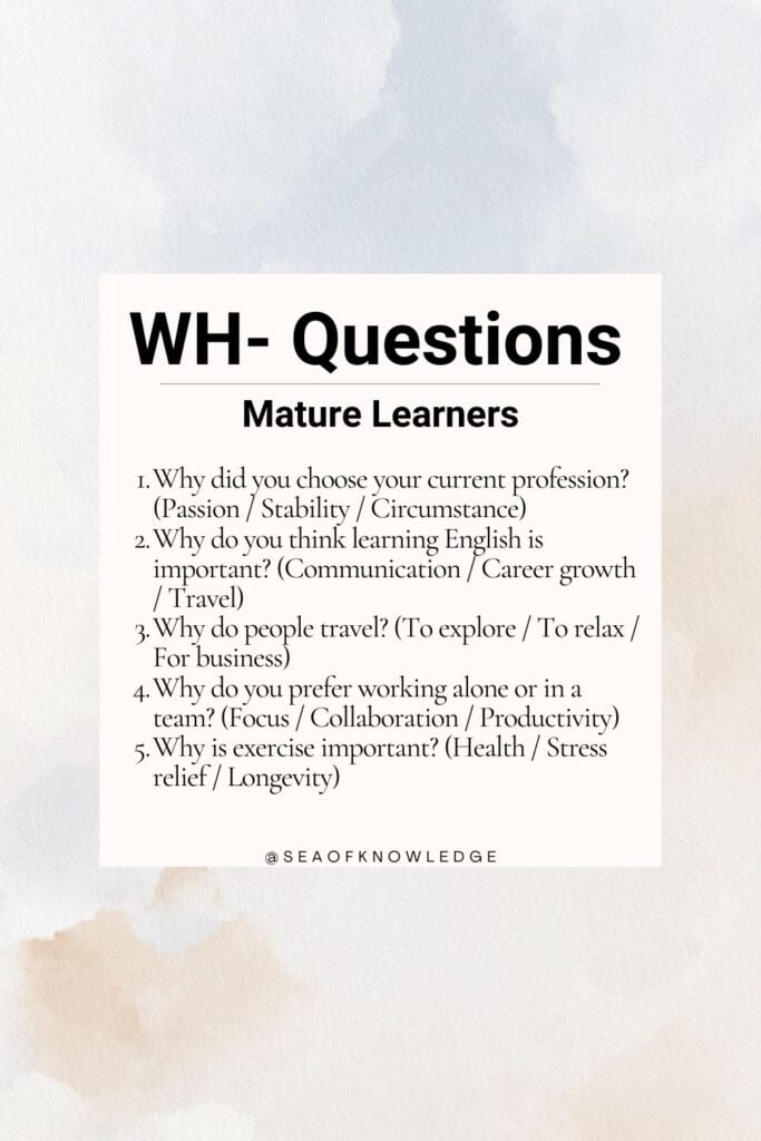 WH questions task cards for adults – A set of questions with deep conversation starters like "When do you feel most productive?"