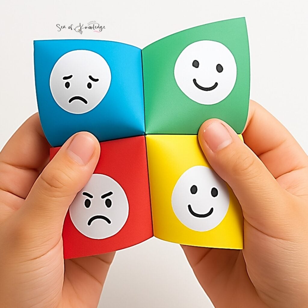 A vibrant emotion cootie catcher resting on a white surface, with red, blue, green, and yellow corners showing smiley faces that represent different emotions like happy, angry, sad, and excited.