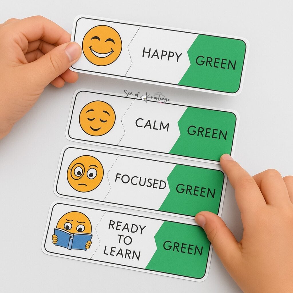 Hands matching colorful emotion puzzles with cartoon faces and the words “happy,” “angry,” “sad,” and “excited” in color-coded pieces representing the zones of regulation.
