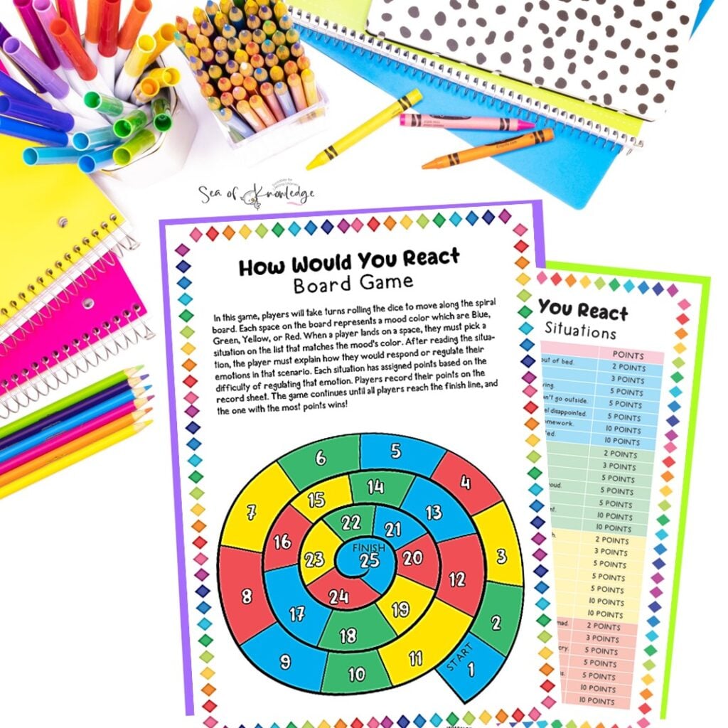 A colorful classroom board game laid out with prompt cards asking social-emotional questions, surrounded by game pieces and a spinner.