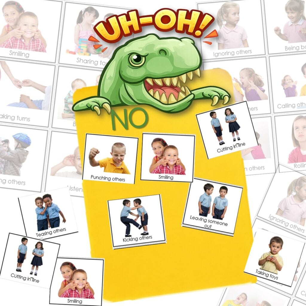 One of my favorite activities in this friendship bundle is the Friendship Behavior Sort using real photos. This activity is powerful for young learners because it shows real kids, real actions, and real classroom situations—not cartoons or abstract drawings.