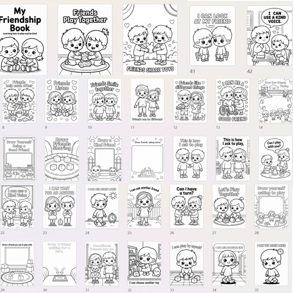 This part of the friendship bundle focuses on friendship prompt coloring and simple journal prompts that help young children slow down, reflect, and talk about what it means to be a good friend.