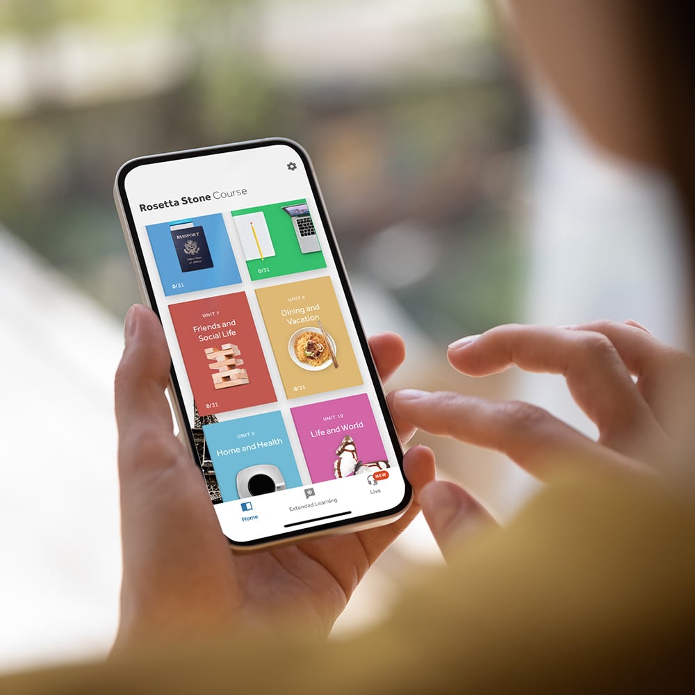 Rosetta Stone app open on mobile with a vocabulary matching activity on screen.
