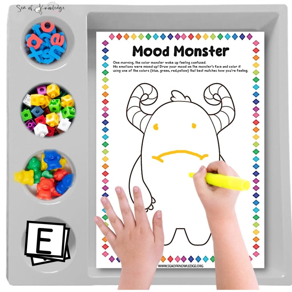 A laminated Mood Monster worksheet with a blank face outline for students to draw their emotions, displayed on a clipboard with crayons nearby.