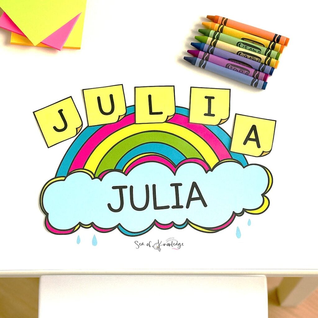 Colorful rainbow name craft with editable cloud and Post-it notes spelling a child’s name, designed for spring name recognition and movement activity.
