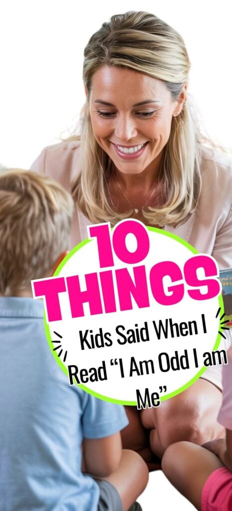 A smiling female teacher with light blonde hair reads a picture book to a group of preschool children seated on the carpet, with the backs of their heads visible. The classroom is bright and welcoming, with posters on the wall and a cozy, inclusive atmosphere.