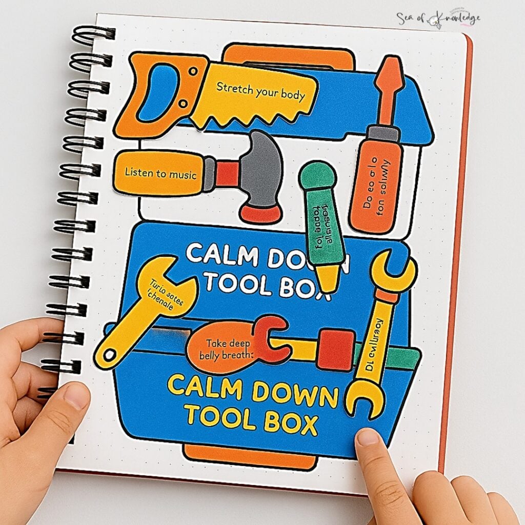 A spiral notebook displaying a bright Calm Down Toolbox craft with cut-out tools labeled with calming strategies like “Take deep breaths” and “Stretch your body.”