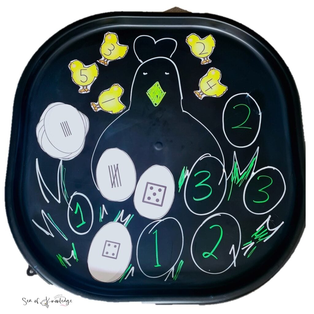 Printable Easter hen and nest activity for number matching in tuff tray