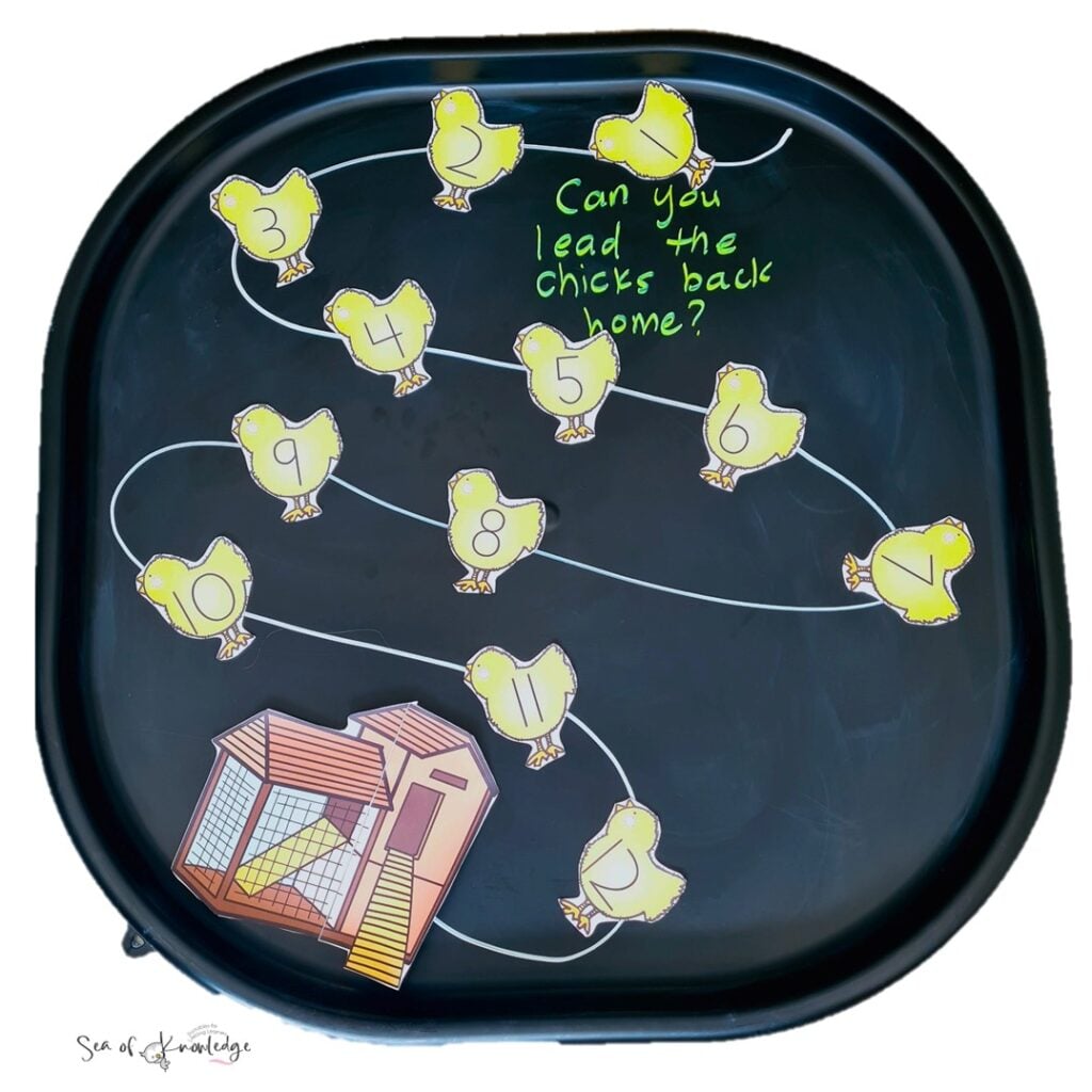 lost chicks to the coop number ordering tuff tray game for preschoolers