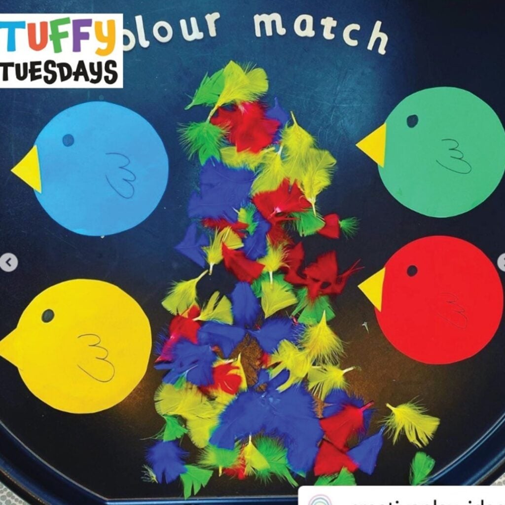 Colorful feathers sorting sensory tray for Easter-themed learning