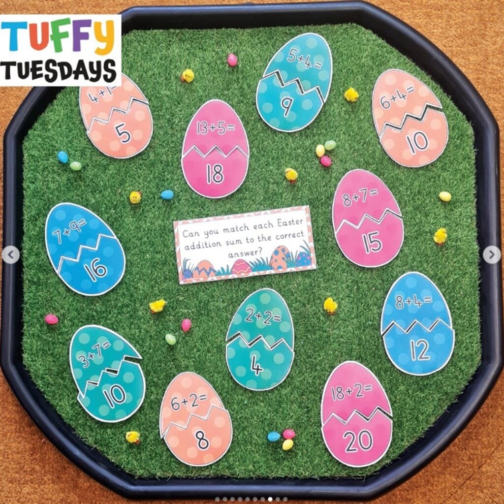 Easter egg number puzzles in a tuff tray for early numeracy skills