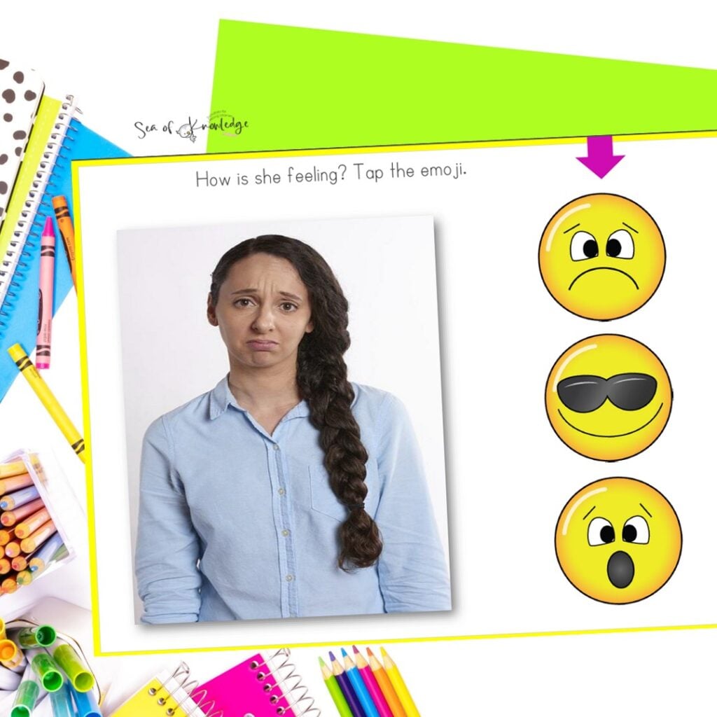 Printable task cards showing real-life photos of children in different emotional scenarios, used to prompt student discussions about feelings and responses.