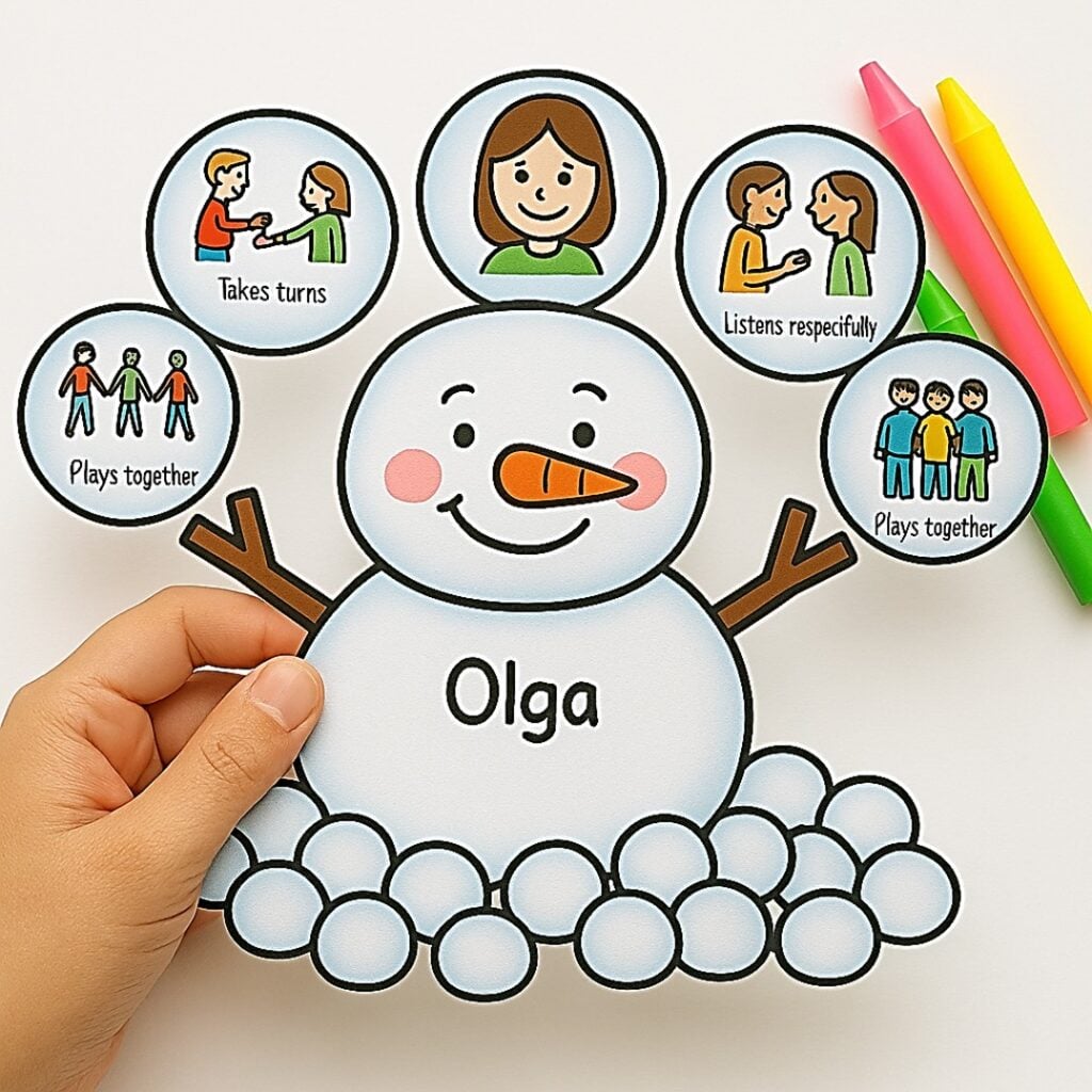 Completed snowman friendship craft from Magic of Friendship Snow with name pieces and writing prompt