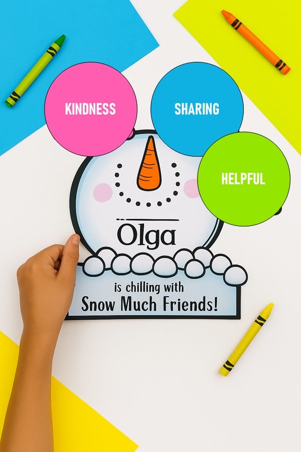 snowman friendship craft from Magic of Friendship Snow with name pieces and writing prompt