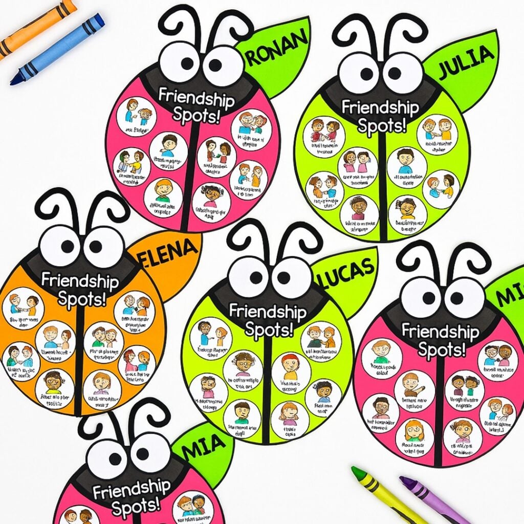 Ladybug friendship craft printable with kid’s hand adding good friend spots to the wings