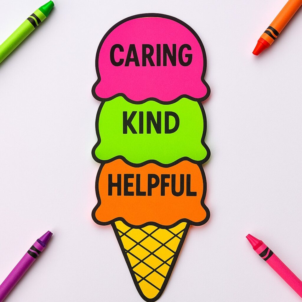Ice cream scoop friendship craft with colorful kindness scoops stacked on a cone