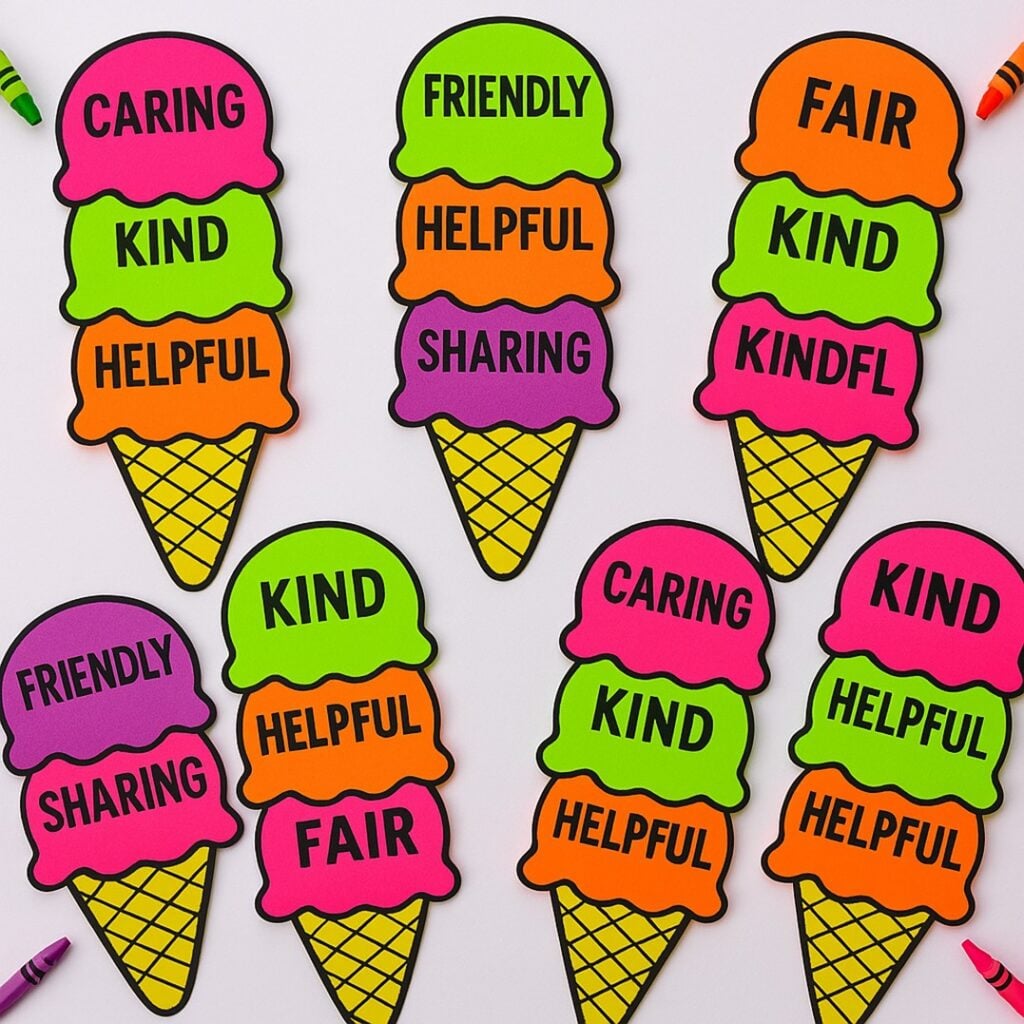 Ice cream scoop friendship craft with colorful kindness scoops stacked on a cone