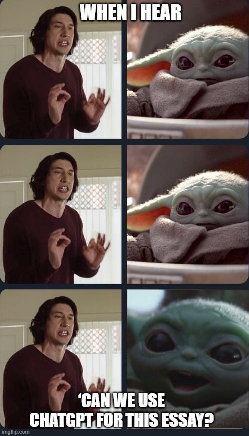 Cartoon-style image featuring a short and funny English teacher quote about essays