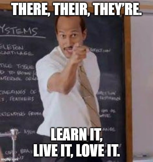 Clean and colorful meme image with a joke about grammar mistakes, ideal for classroom decor.