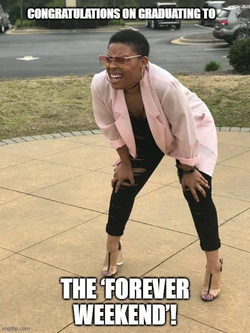 Funny teacher retirement message graphic with cartoon-style artwork.