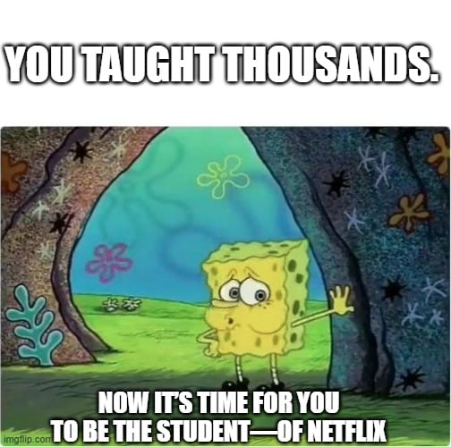 Meme-style quote image for retiring teacher with bold typography.