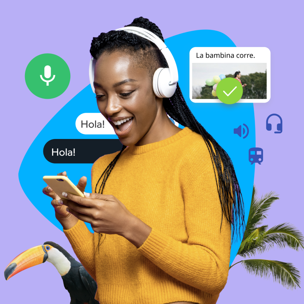 ESL student using Rosetta Stone speech recognition feature with headphones in a classroom setting