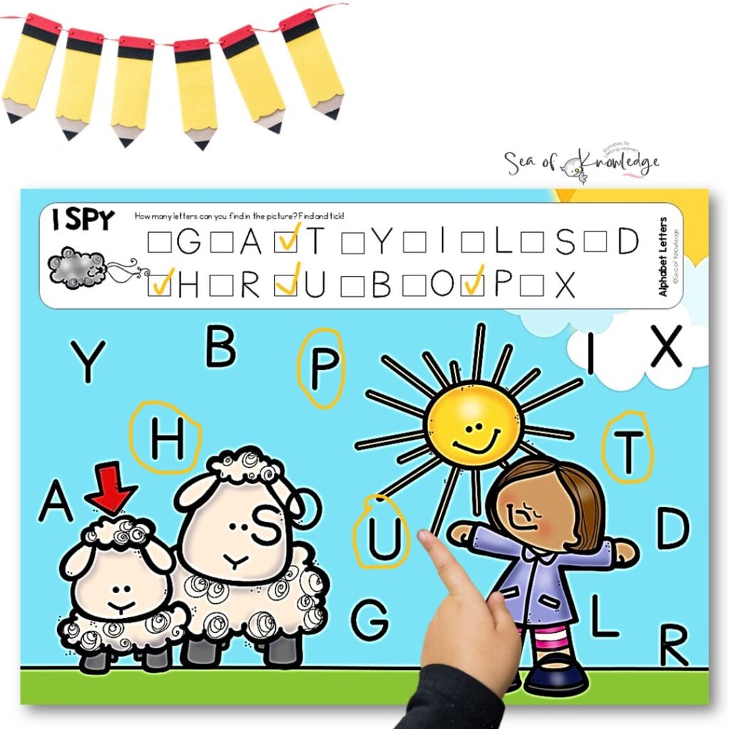 Colorful spring-themed I Spy alphabet mats for preschool and kindergarten, featuring kids searching for letters with magnifying glasses.