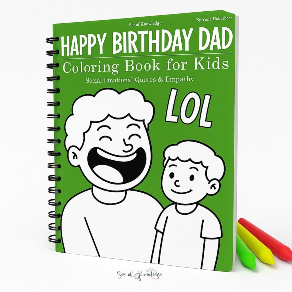 Mockup of Happy Birthday Dad coloring book cover with crayons on white background