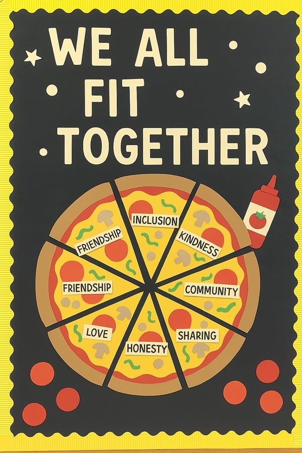 This inclusive SEL pizza bulletin board features the powerful message: “We All Fit Together.” A large pizza is divided into labeled slices like friendship, inclusion, honesty, community, love, and kindness. 