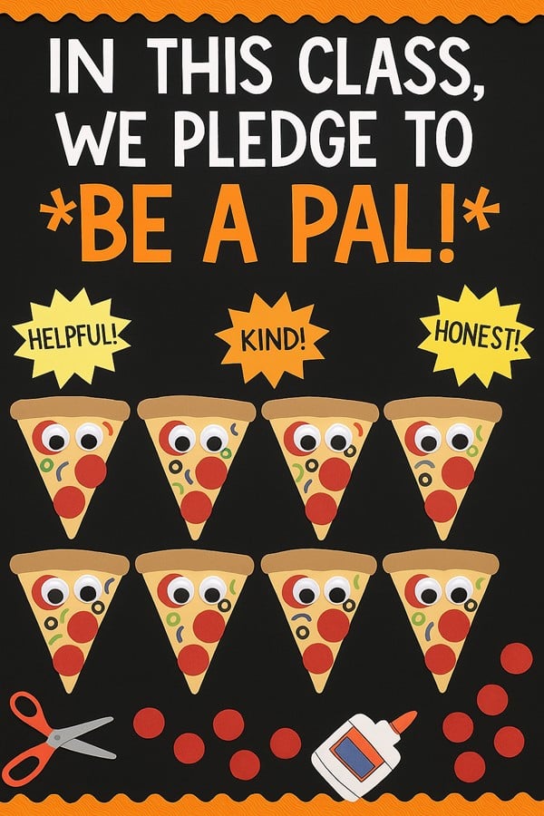 Promote positivity with this bold and upbeat “Be a PAL” pizza-themed bulletin board for SEL! With the title “In This Class, We Pledge to Be a PAL,” students are encouraged to be Helpful, Kind, and Honest—three traits featured on playful pizza slice characters. 
