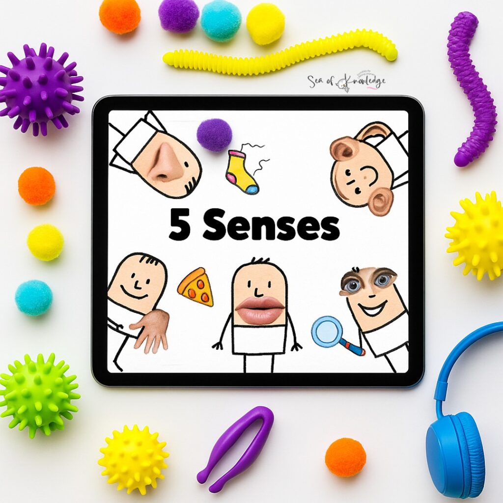 5 senses preschool game shown on a tablet with surrounding sensory toys, supporting kindergarten readiness and vocabulary development.