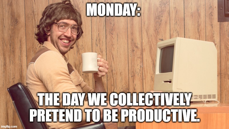 Relatable quote about waking up early on Mondays, styled with eye-catching pastel colors.