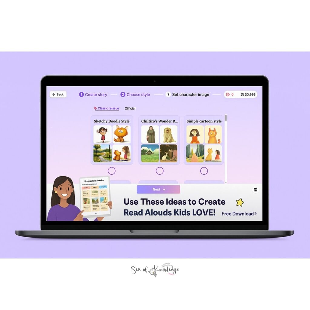 Laptop screen showing three illustration style options on the ReadKidz platform: Sketchy Doodle, Chihiro’s Wonder Realm, and Simple Cartoon Style, with soft purple backgrounds and whimsical characters.