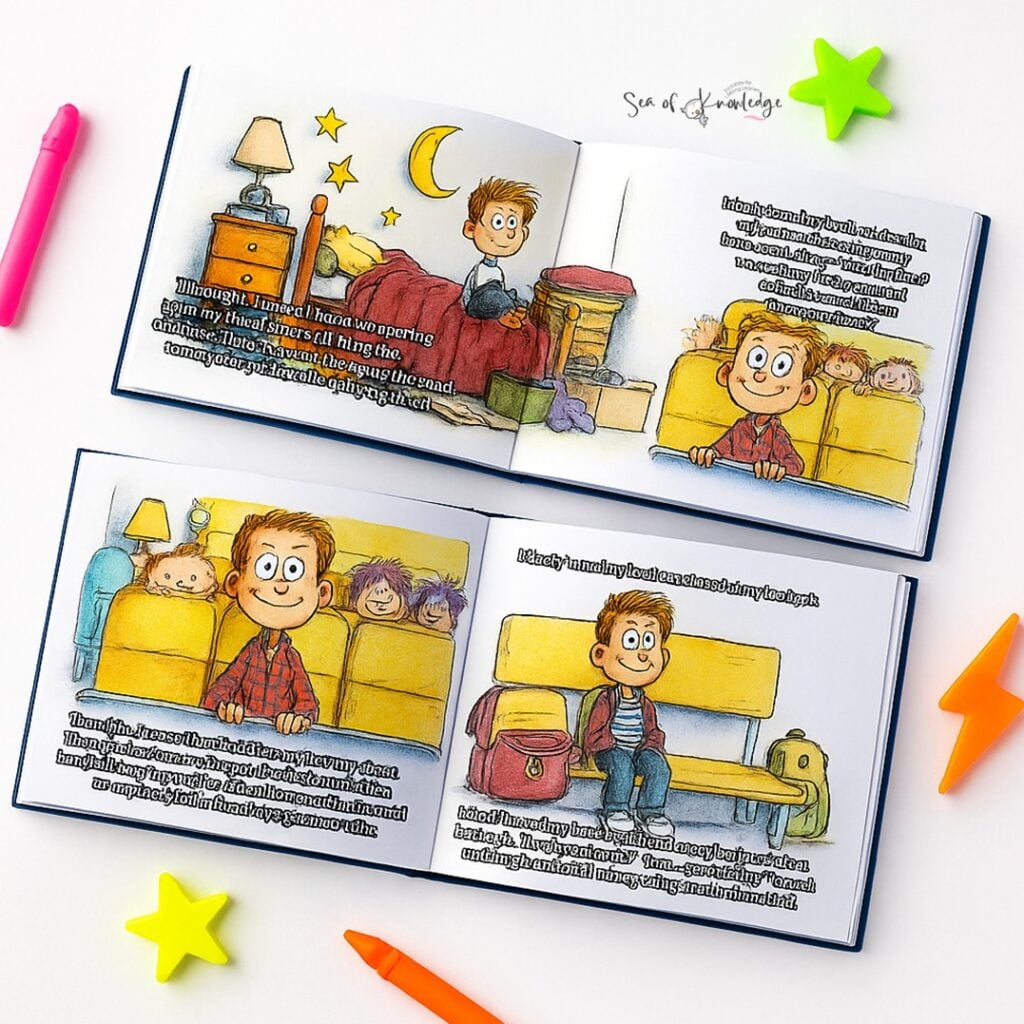 A children’s book lies open to a spread featuring a schoolyard conversation between a boy and girl, and a classroom moment with a teacher. Surrounded by neon pencils and paperclips on a white background.