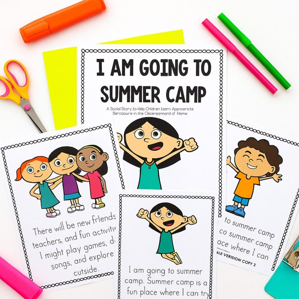 Mockup of Going to Summer Camp Social Story printable book with full-color illustrated pages laid out on a white desk with markers and clipboards.