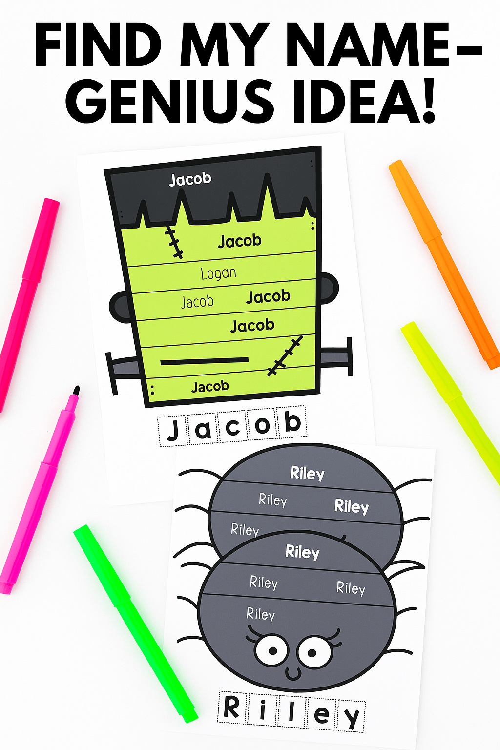 Name art magic bundle preview with neon markers on white background
