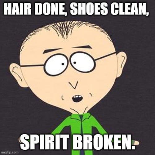 parent school drop-off humor meme with school bus illustration