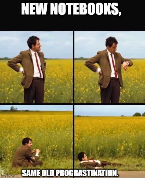 back to school anxiety humor meme with scattered pencils and books