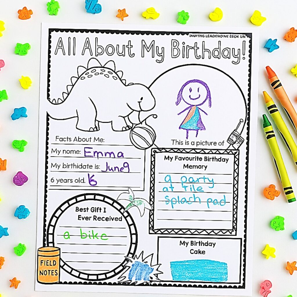 Student desk mockup with All About My Summer Vacation printable and mini ocean-themed erasers