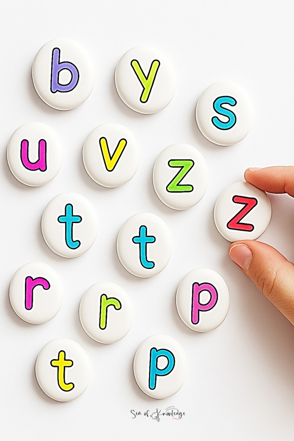 Story stones activity setup with mats and basket of alphabet stones for preschool learning centers.