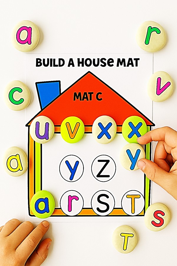 DIY painted story stones in a child’s hand showing colorful lowercase alphabet letters.