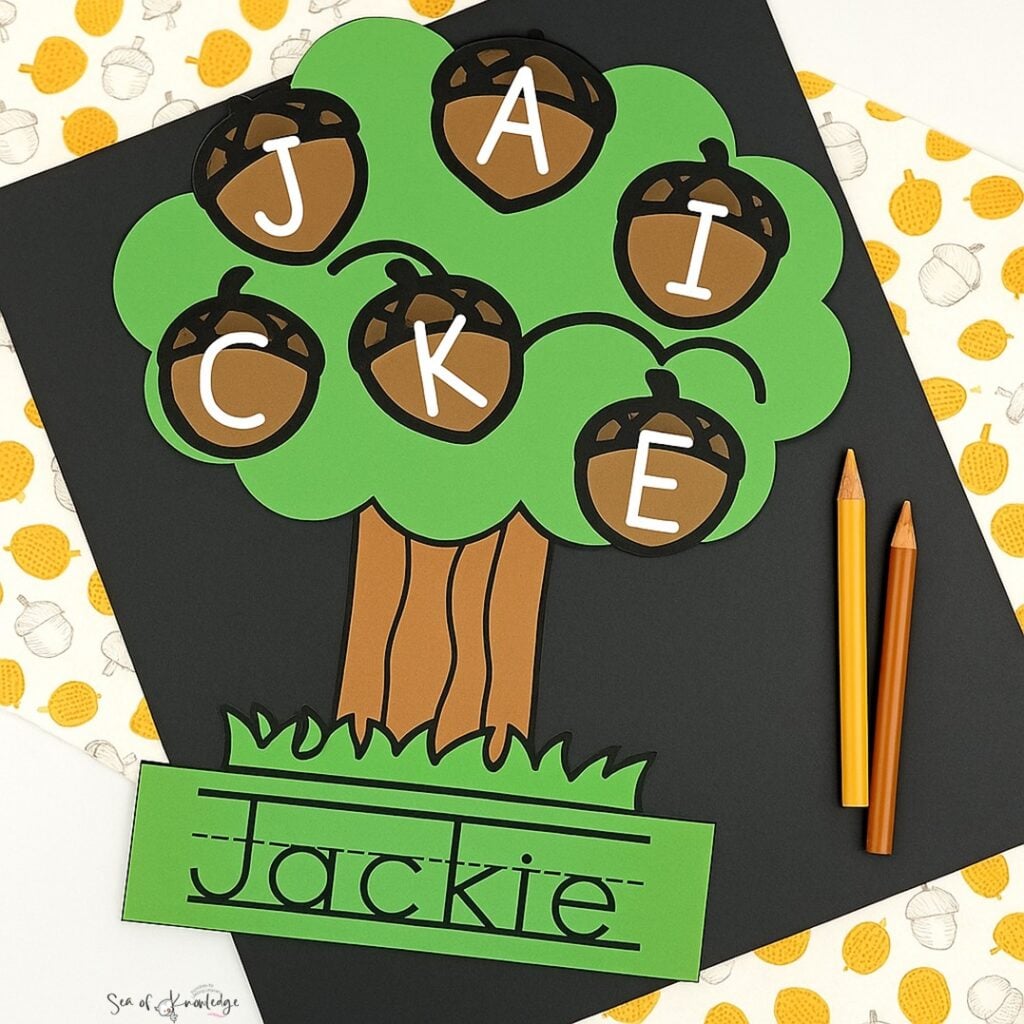 Celebrate fall in the classroom with this adorable Acorn Name Craft! Kids will love spelling out their names on acorns while practicing editable name activities and name recognition worksheets.