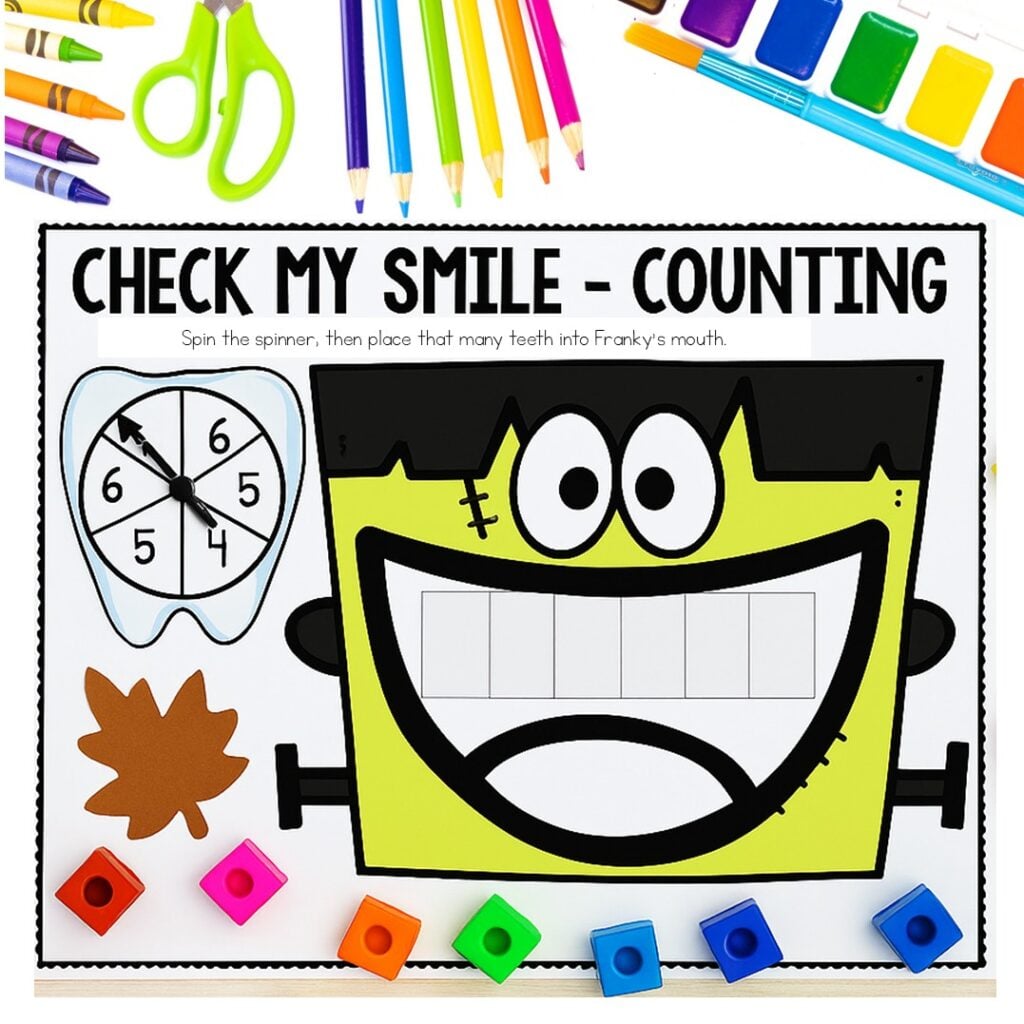 This Frankenstein counting teeth math mat is a Halloween must-have for your classroom! Kids spin the number wheel, then add the matching number of pumpkins (or any counters you choose) to Frankensteinβs smile.